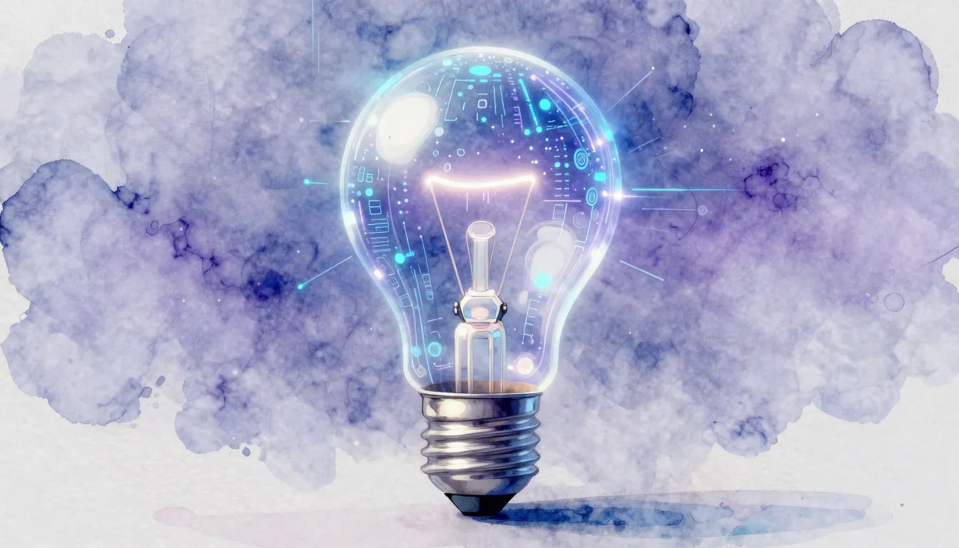 Watercolor style. A futuristic lightbulb made of glowing dig...