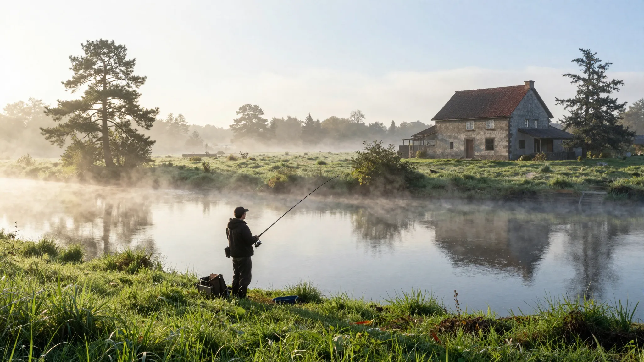 Watercolor style. Silhouette of a person fishing by a calm r...