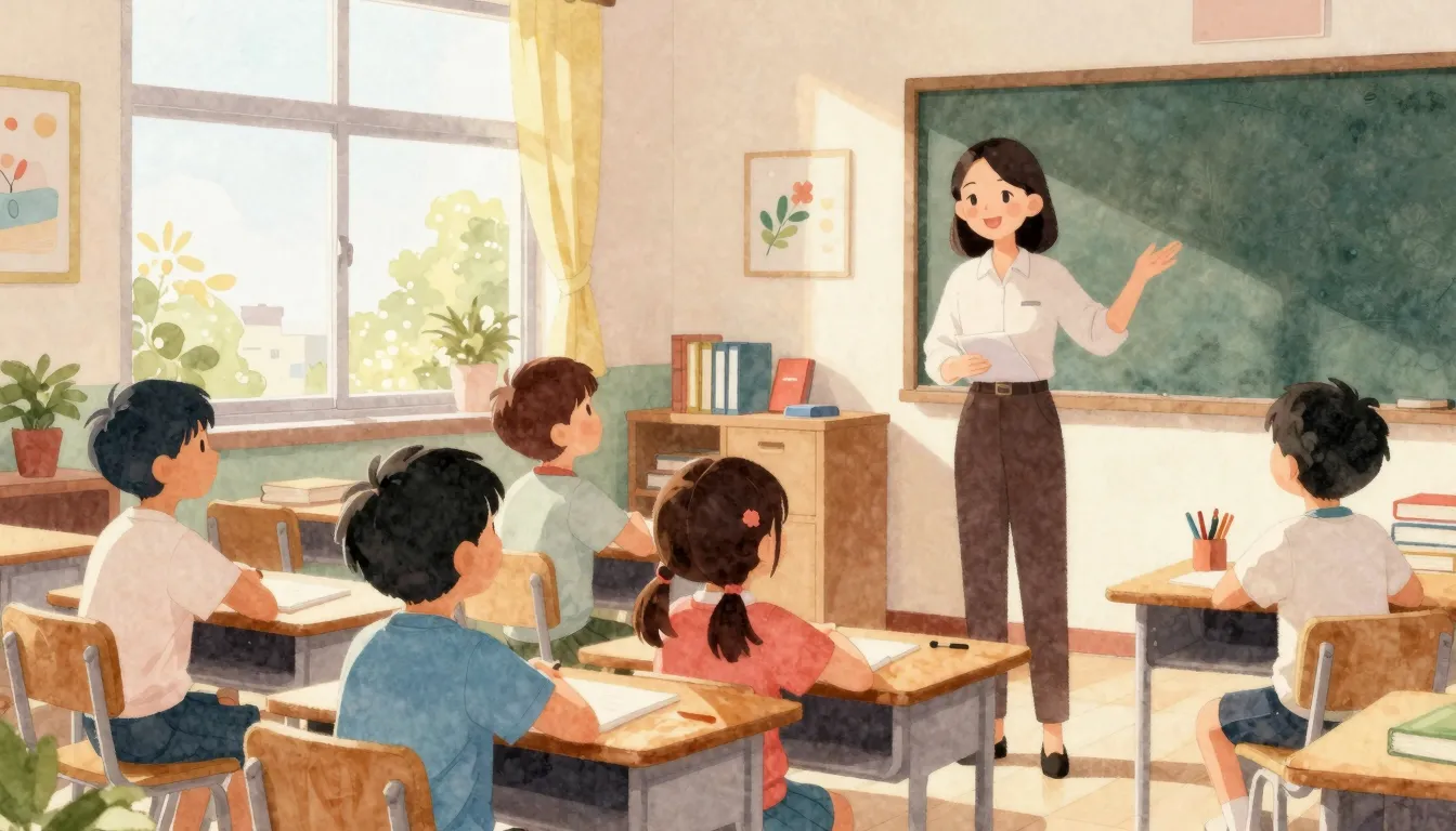 Watercolor style. A warm and inviting classroom scene with a...