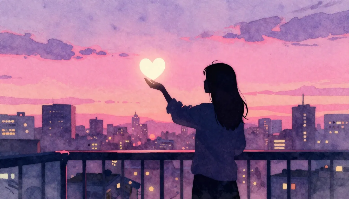 Watercolor style. A silhouette of a person standing on a bal...