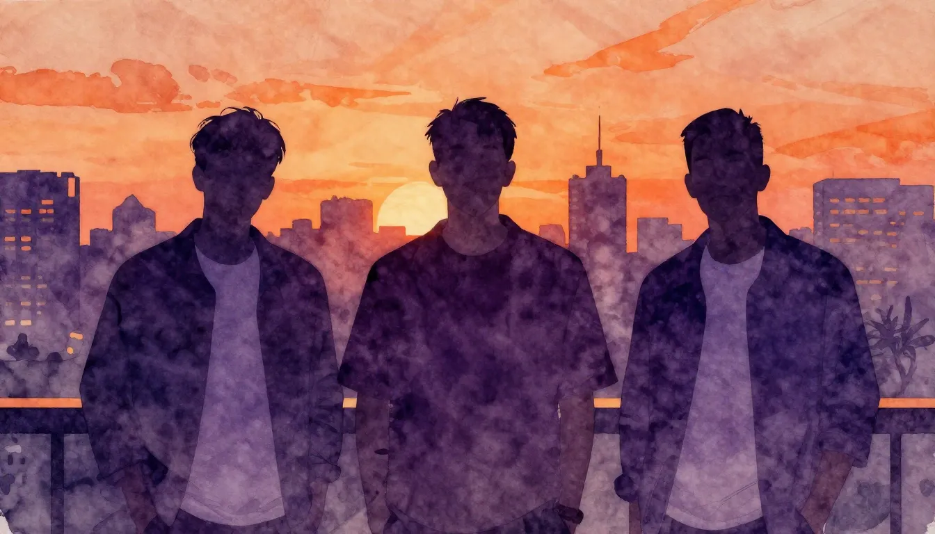 Watercolor style. Three male silhouettes standing in a row a...