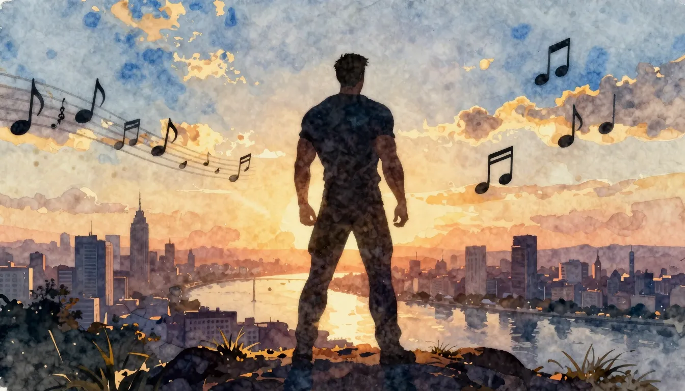 Watercolor style. A silhouette of a strong man standing on a...