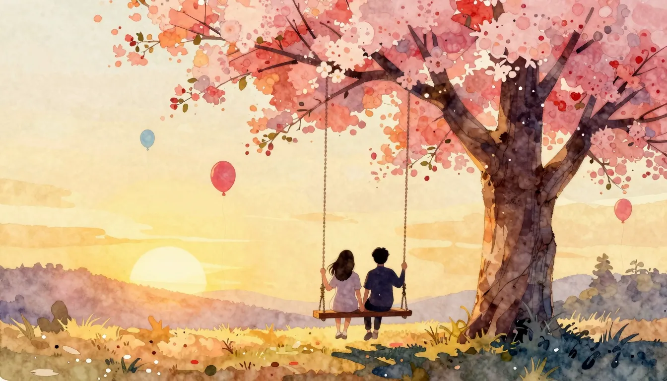 Watercolor style. A silhouette of two friends sitting on a w...