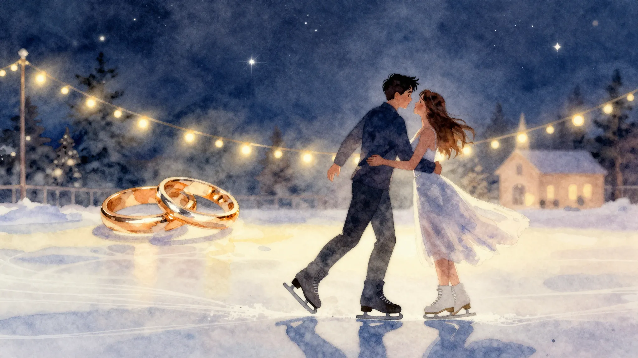 Watercolor style. A romantic silhouette of a couple ice skat...