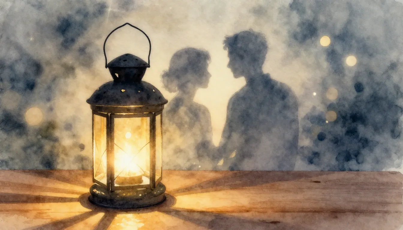 Watercolor style. A cozy glowing lantern on a wooden table, ...