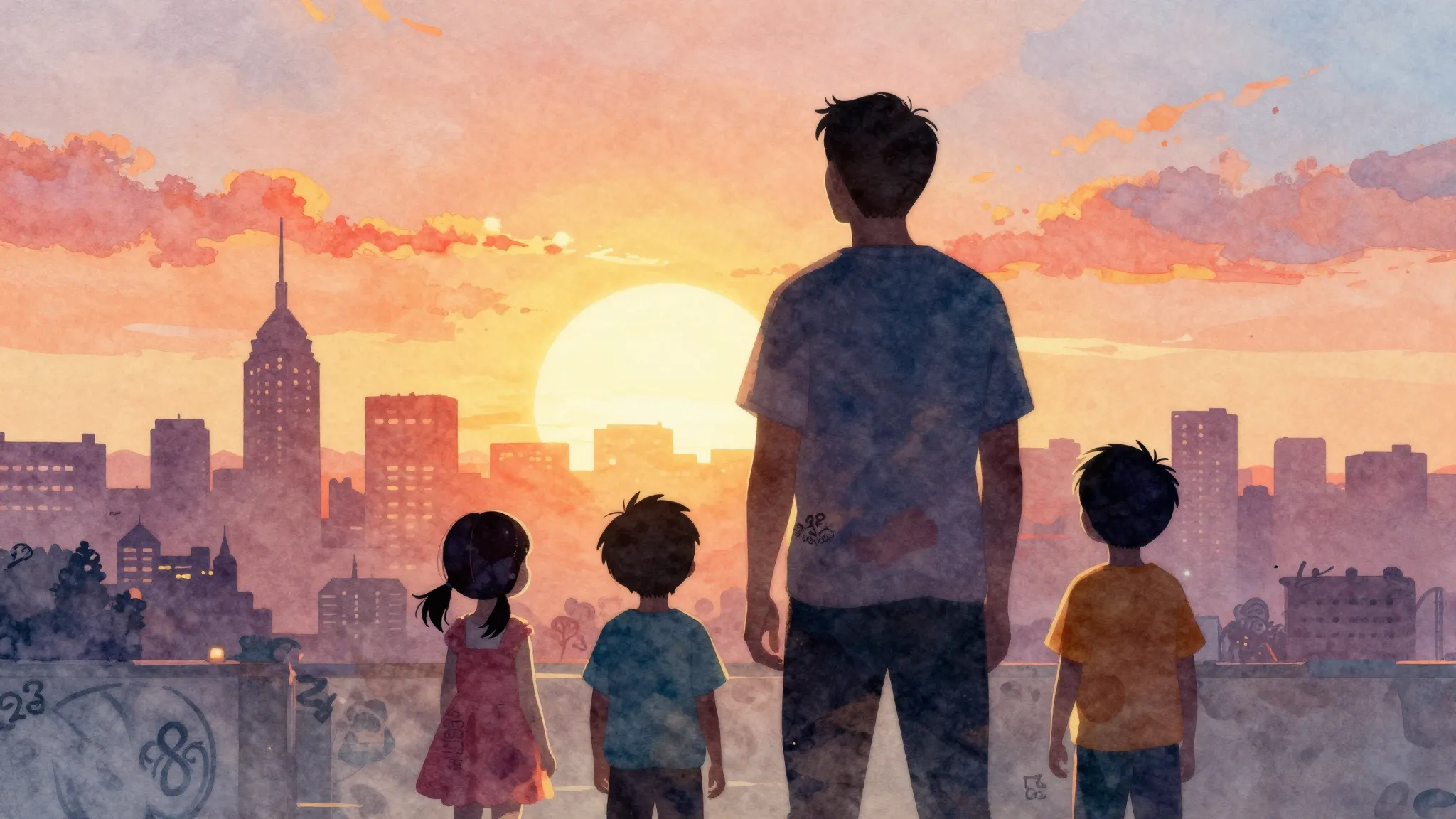 Watercolor style. A silhouette of a father with four smaller...