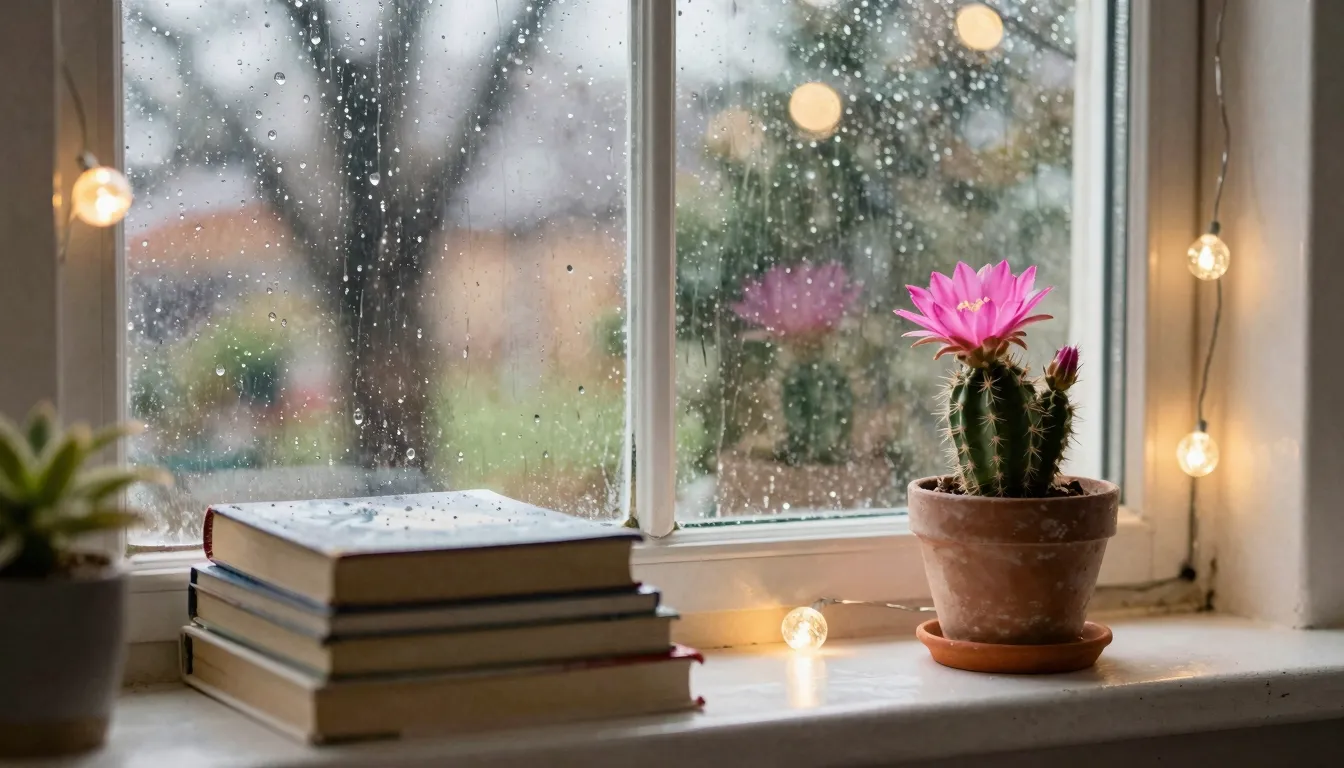 Watercolor style. Cozy window view on a rainy April day, rai...