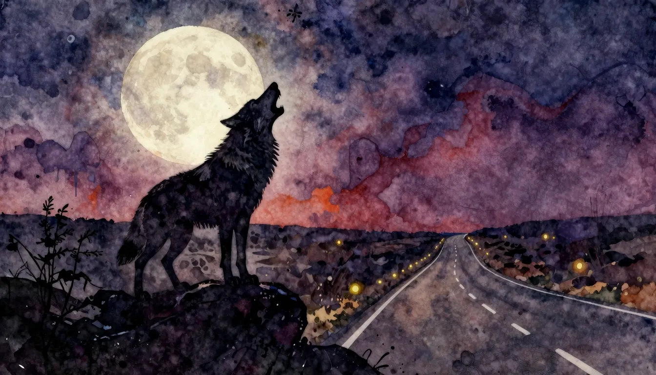Vibrant watercolor style. Rock album cover: A lone wolf silh...