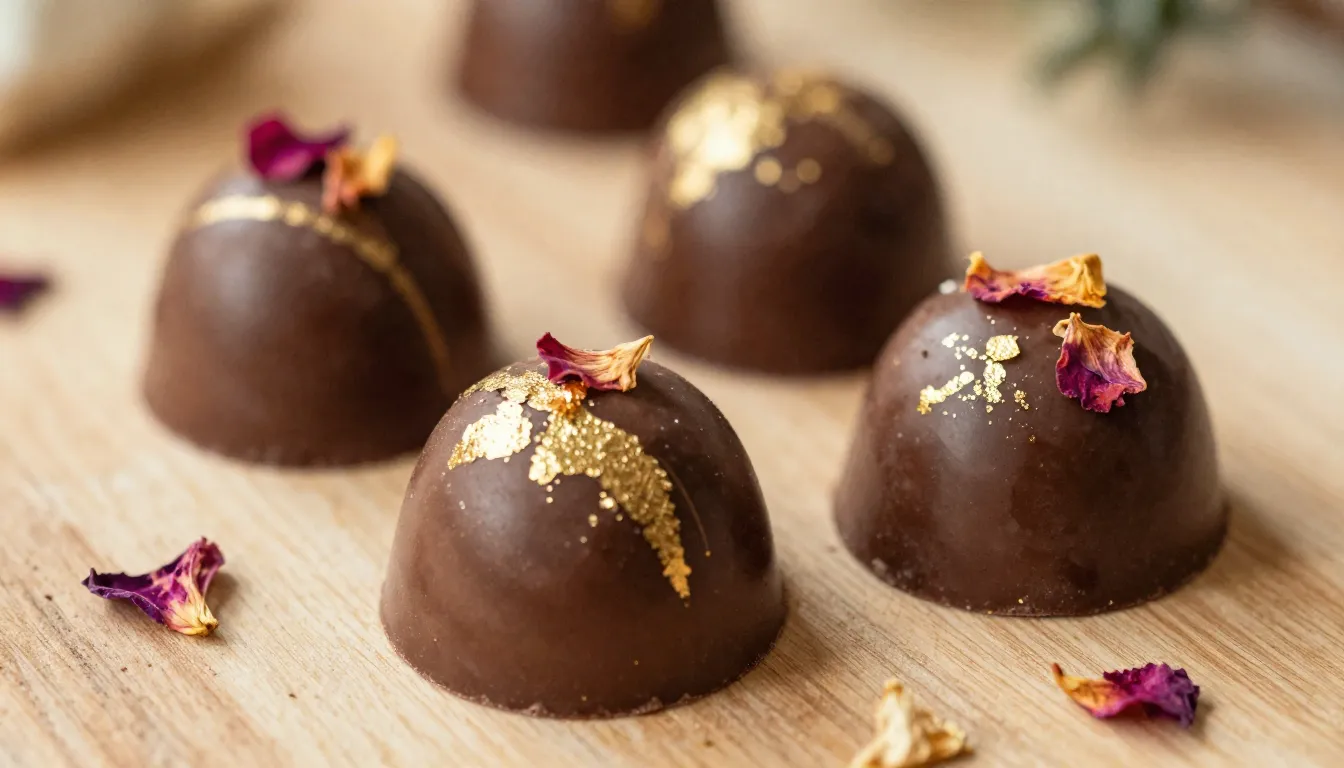 Watercolor style. Close-up of artisan handmade chocolates wi...