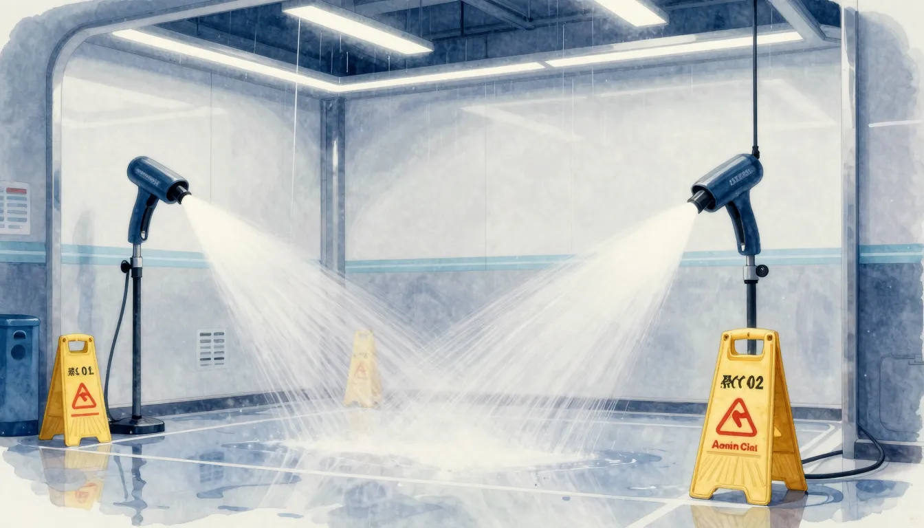 Watercolor style. Modern car wash interior, high pressure wa...