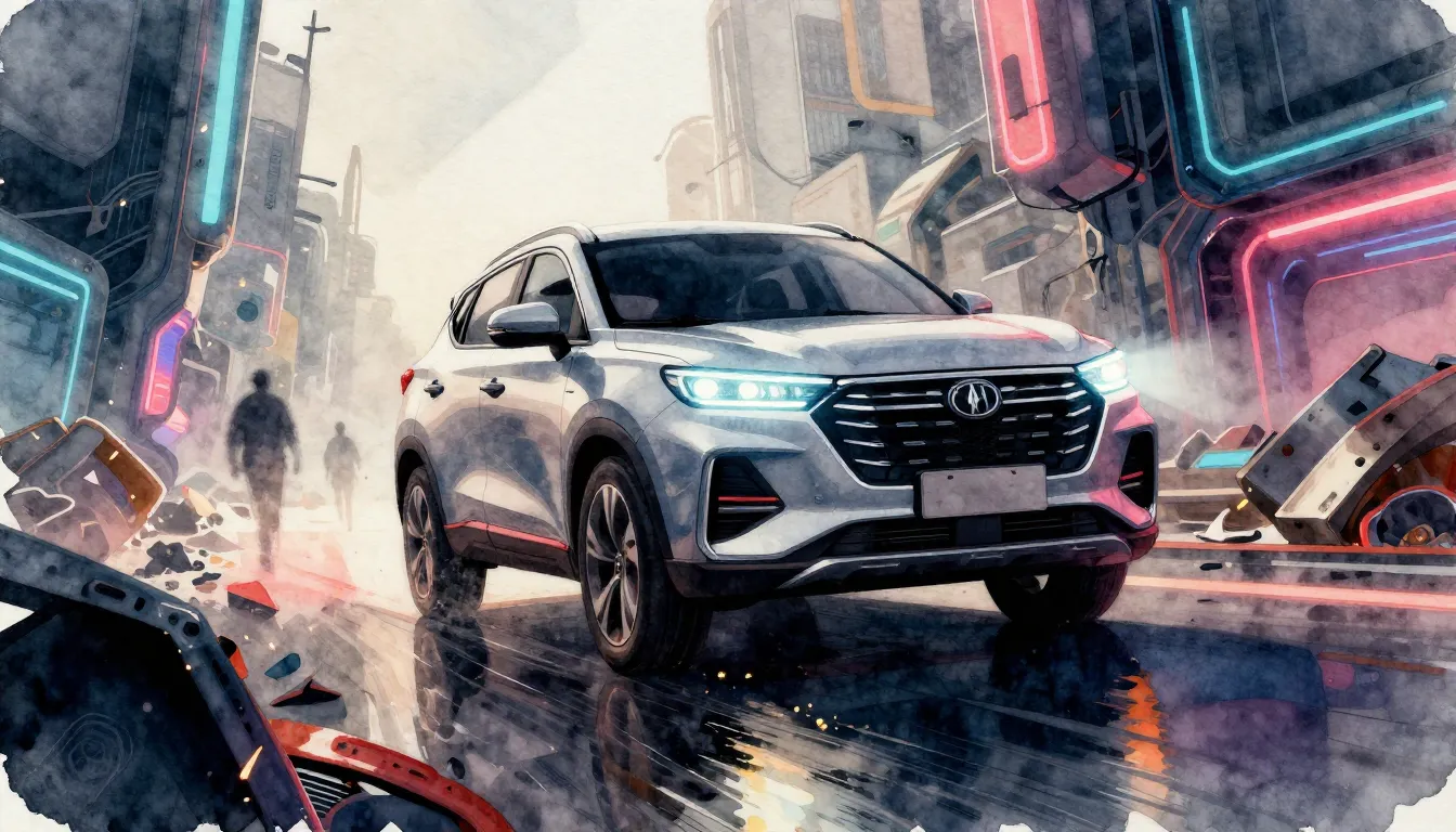 Watercolor style. Dynamic low angle shot, Changan CS55 cente...