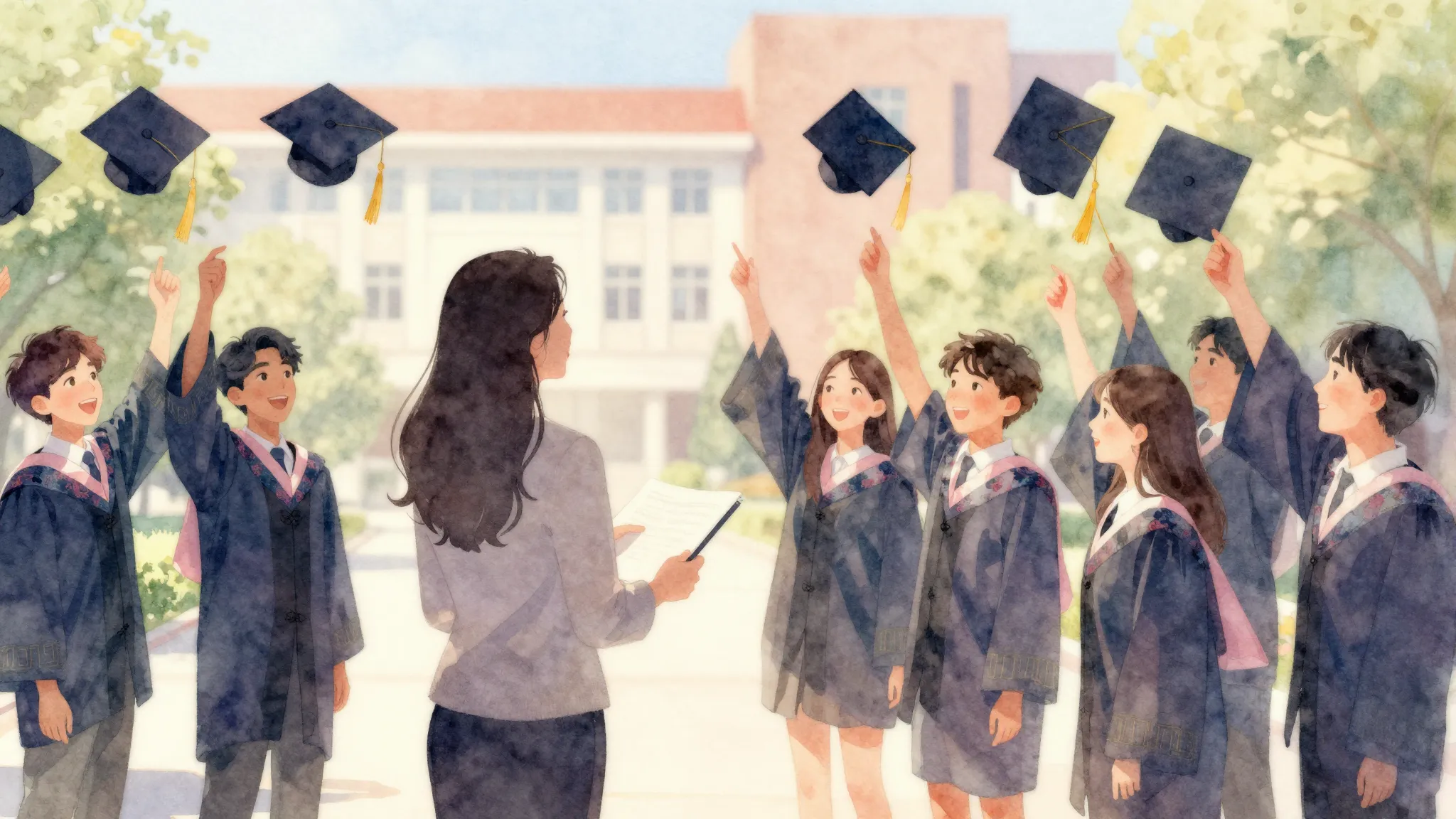 Watercolor style. A warm and joyful graduation scene in a co...