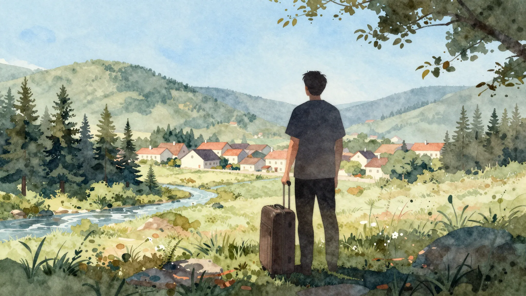 Watercolor style. A silhouette of a person standing with a s...
