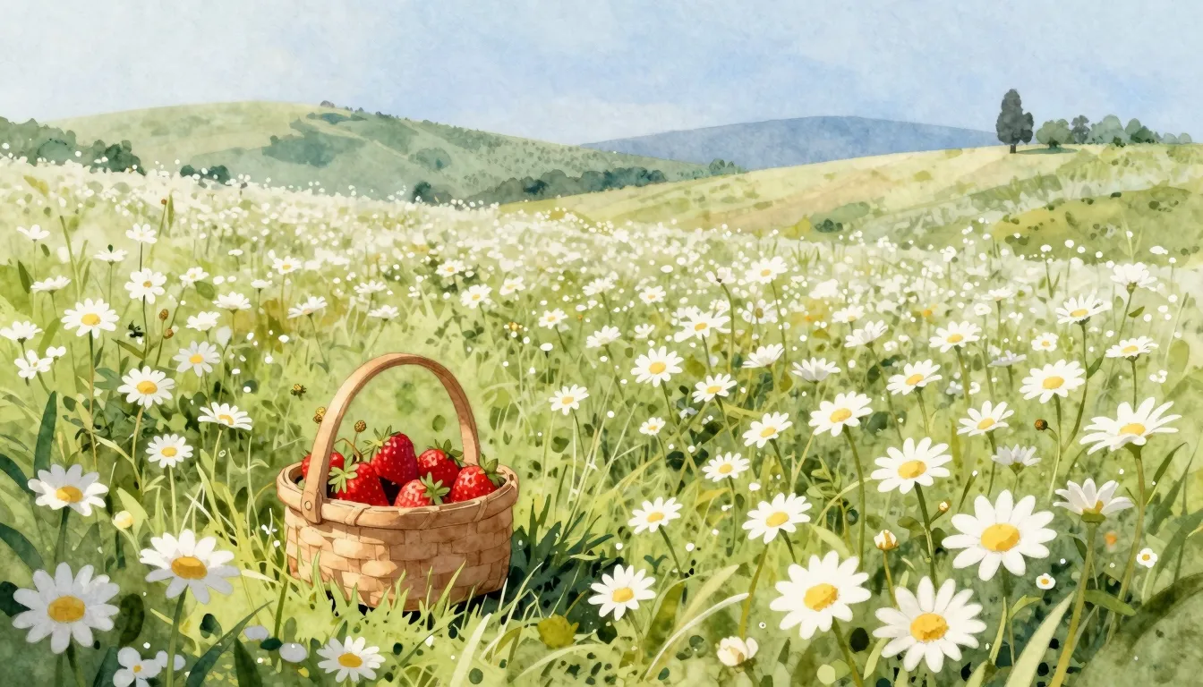 Watercolor style. A serene landscape with a vast field of wh...