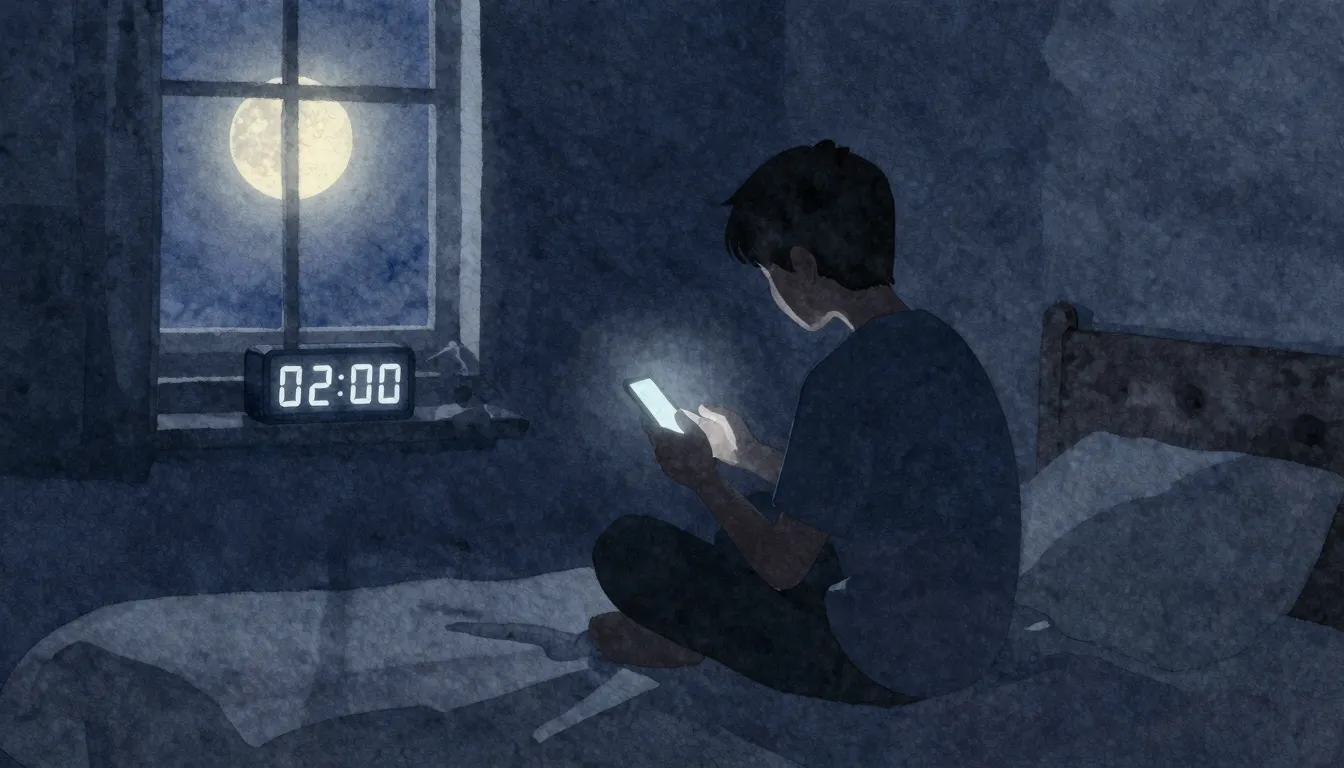 Watercolor style. A dark room with a silhouette of a person ...