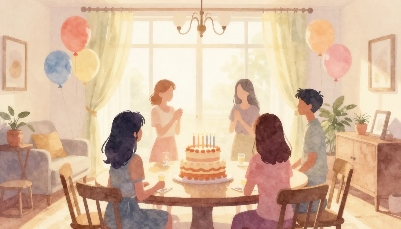 Watercolor style. A warm, sunlit living room with a birthday...