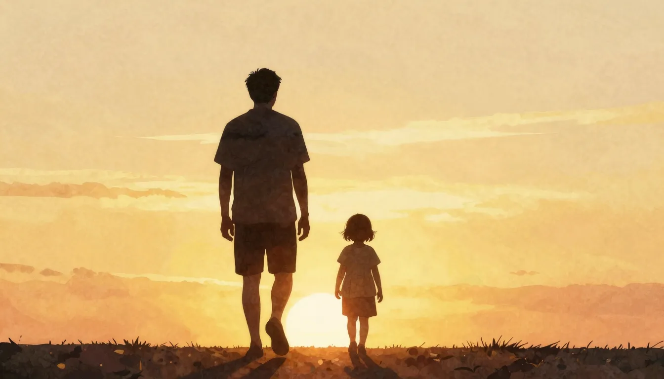 Watercolor style. A silhouette of a tall man and a small chi...