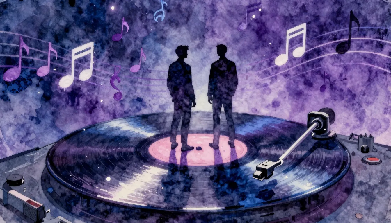 Watercolor style. Two dark silhouettes of figures standing o...
