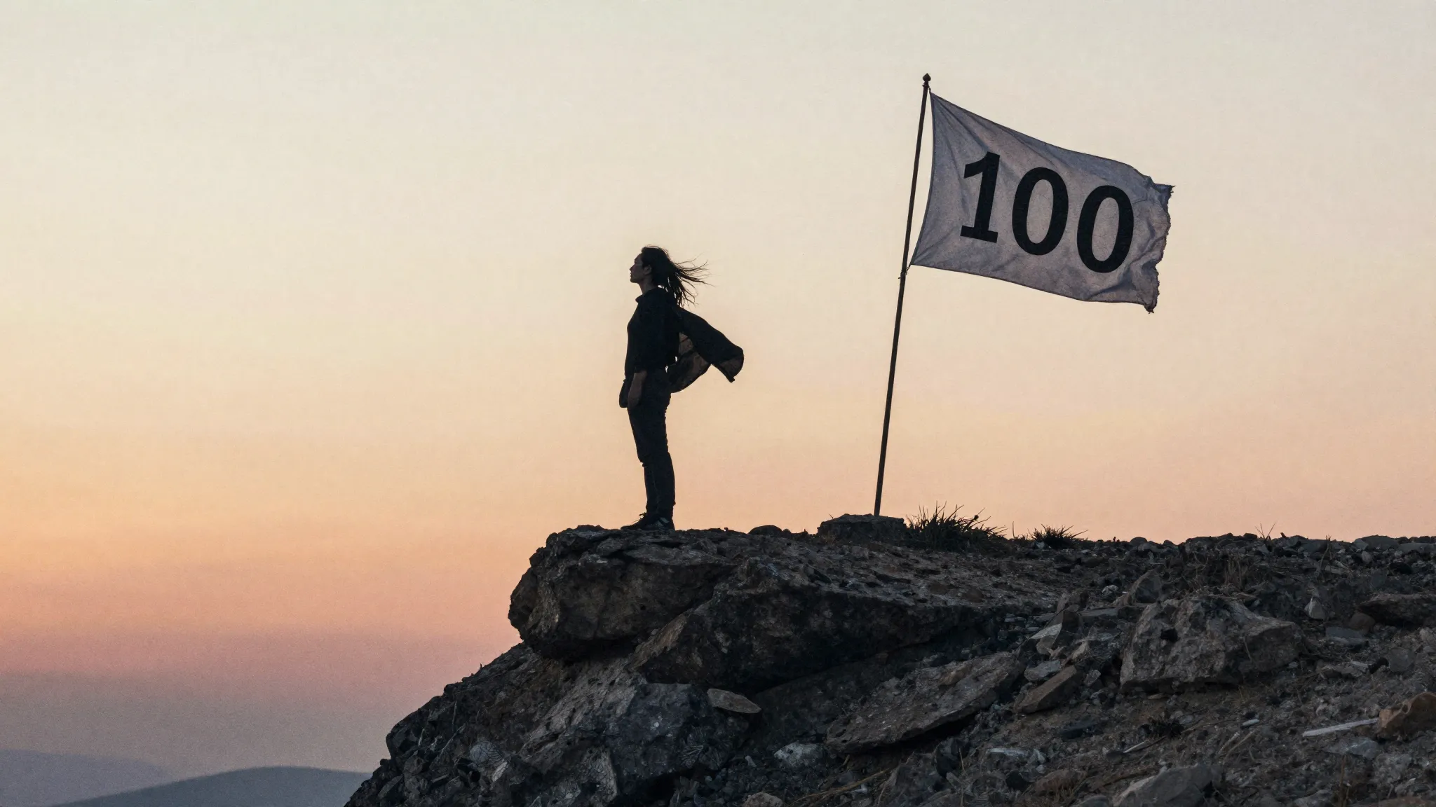 Watercolor style. Silhouette of a person standing on a cliff...