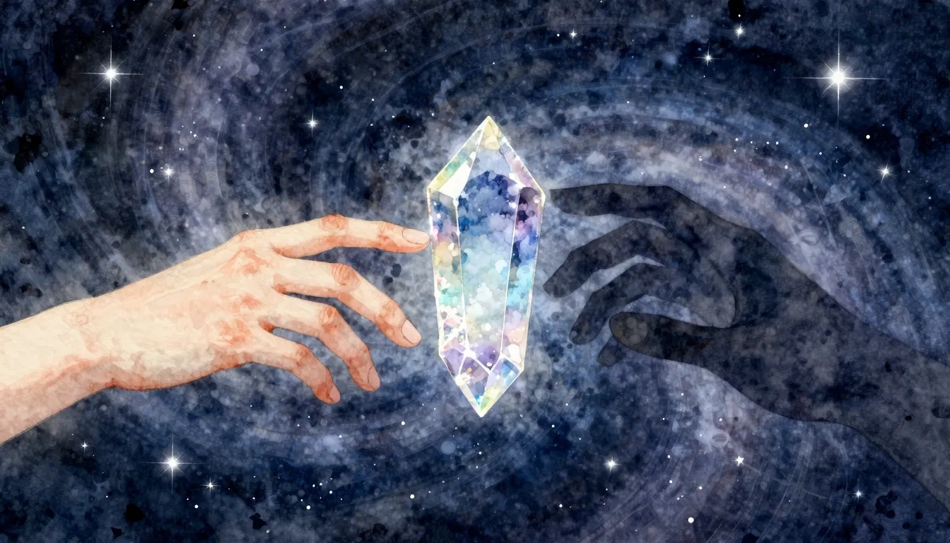 Watercolor style. Two hands, one made of light and one of sh...