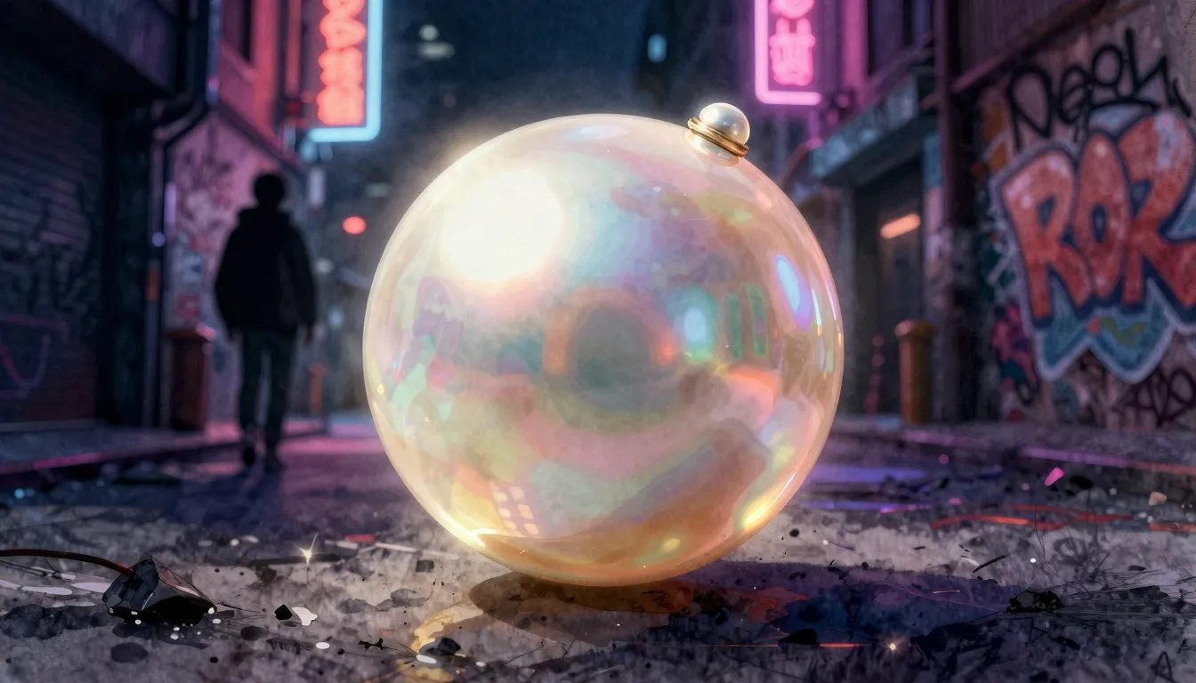 Watercolor style. A glowing pearl in a dark urban setting, n...