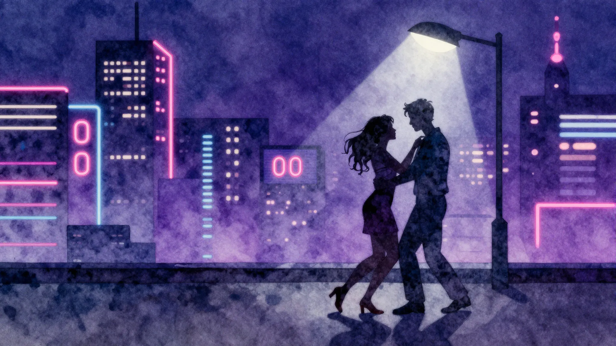 Watercolor style. Neon city lights, dark silhouette of a cou...