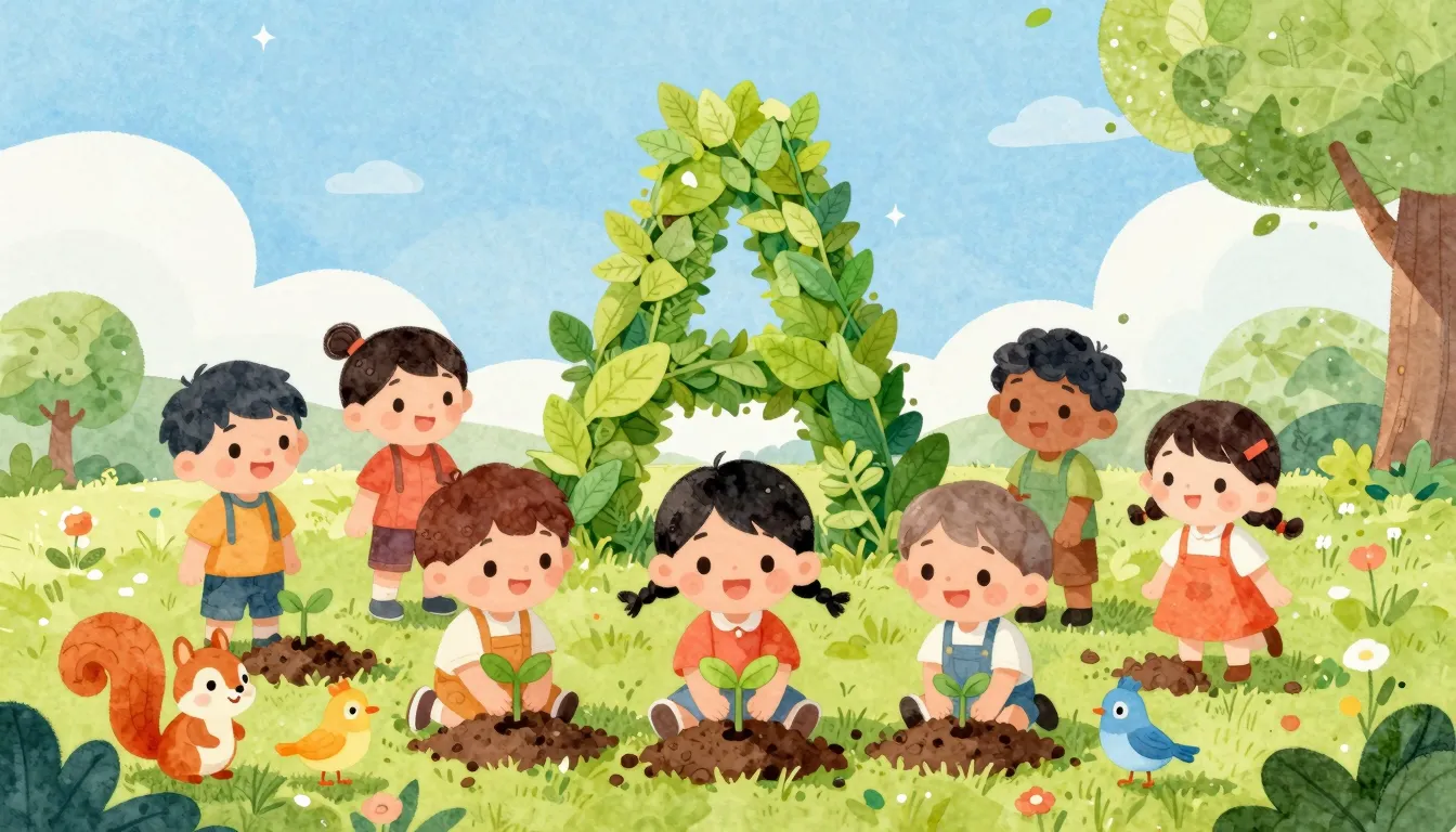 Watercolor style. A group of cheerful, diverse cartoon child...