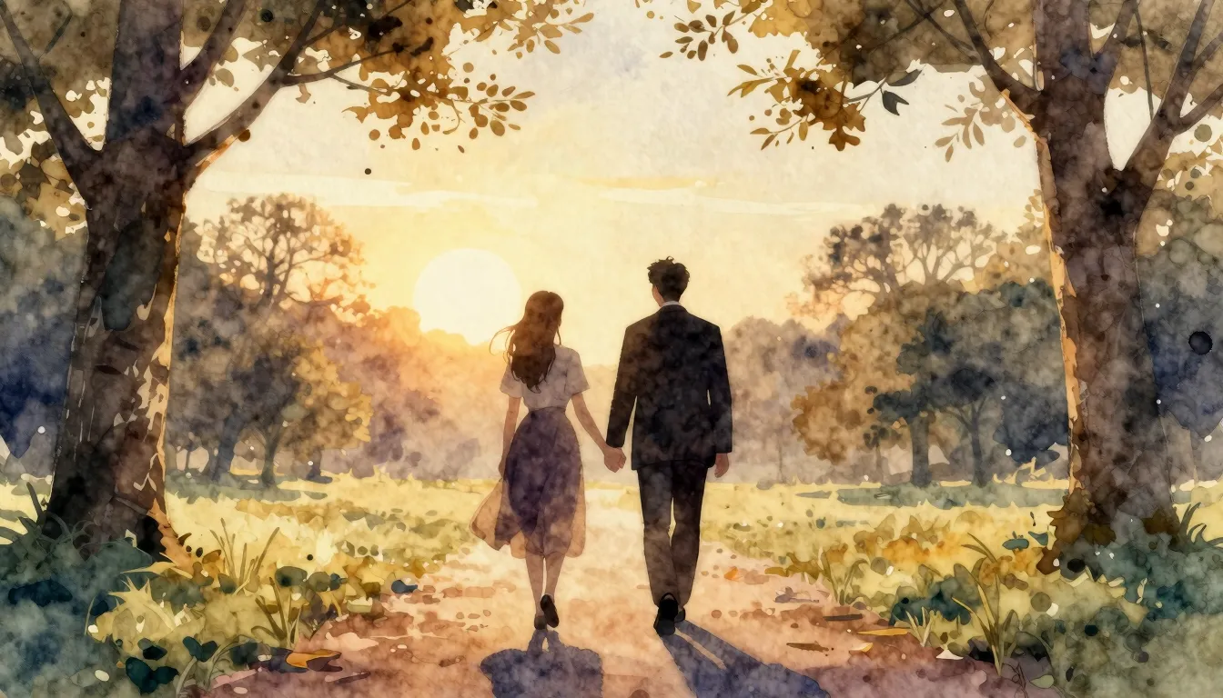 Watercolor style. Silhouettes of two people walking hand in ...