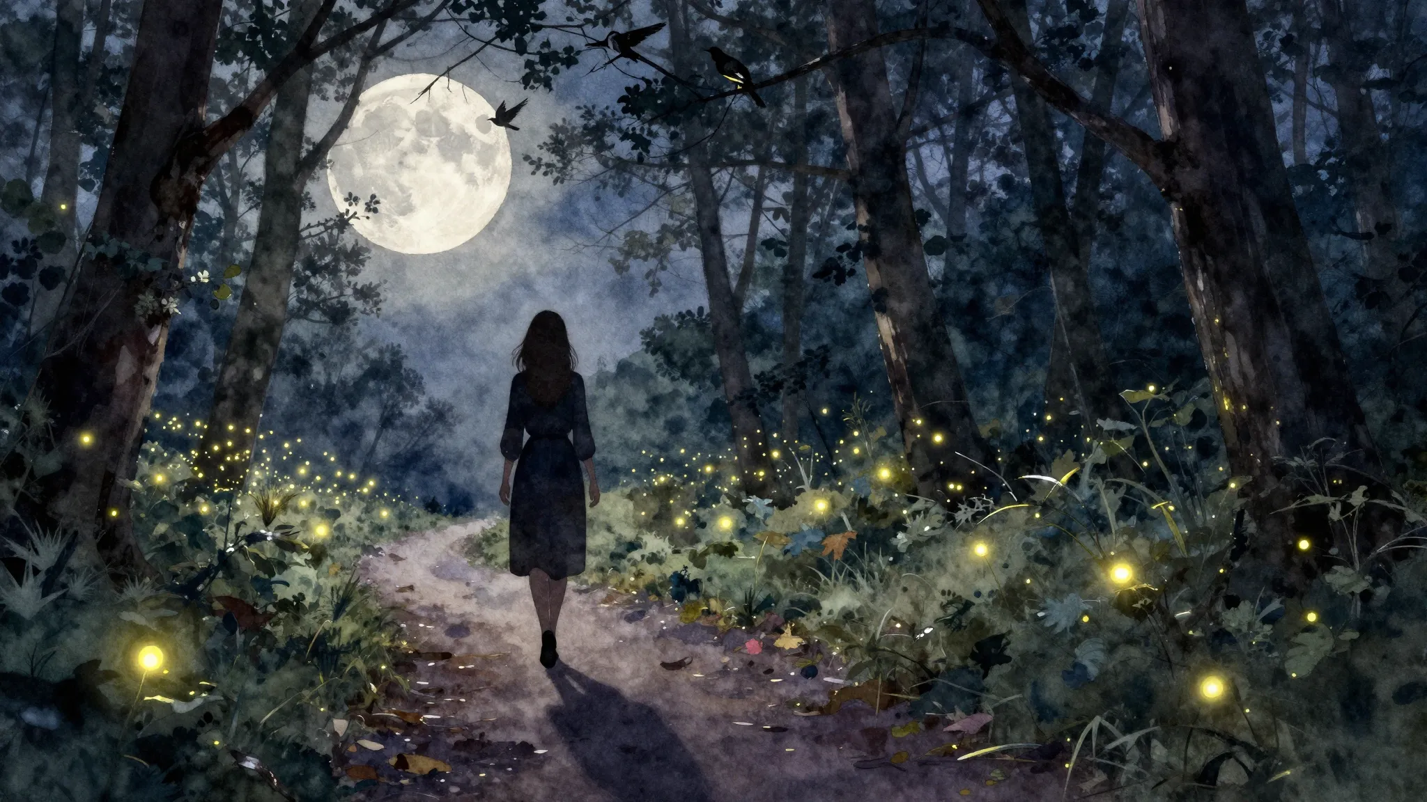 Watercolor style. A dark silhouette of a woman walking on a ...