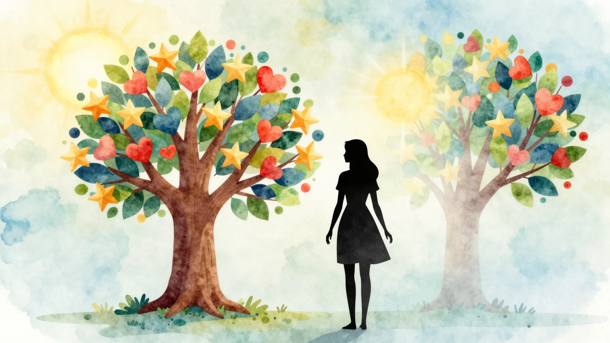 Watercolor style. A silhouette of a woman standing next to a...