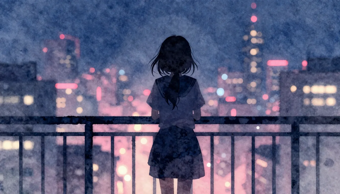 Watercolor style. A silhouette of a lonely girl standing on ...