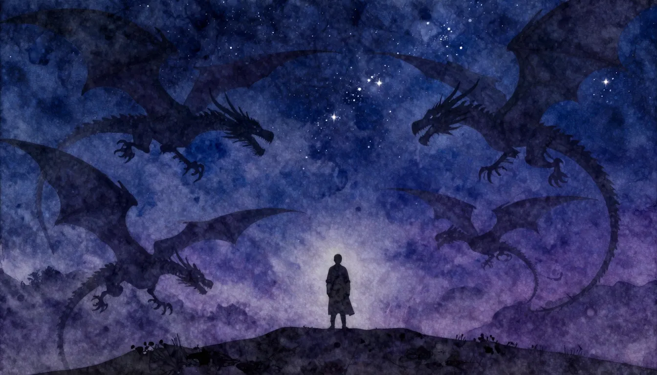 Watercolor style. A dark silhouette of a person standing on ...