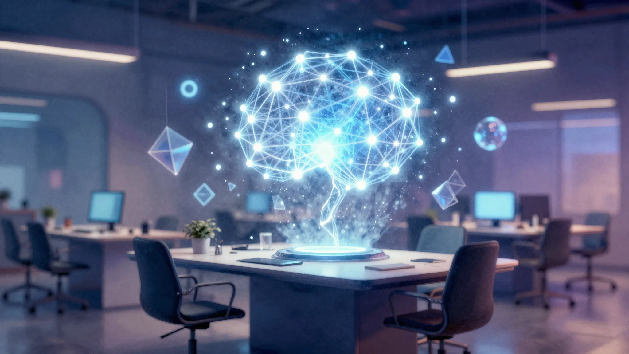 Watercolor style. A futuristic digital workspace with a glow...