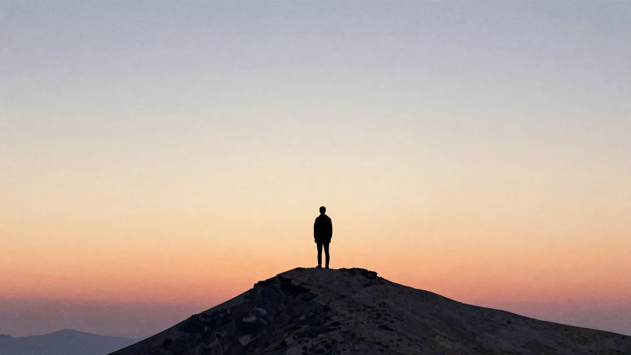 Watercolor style. A lone silhouette standing on a high mount...