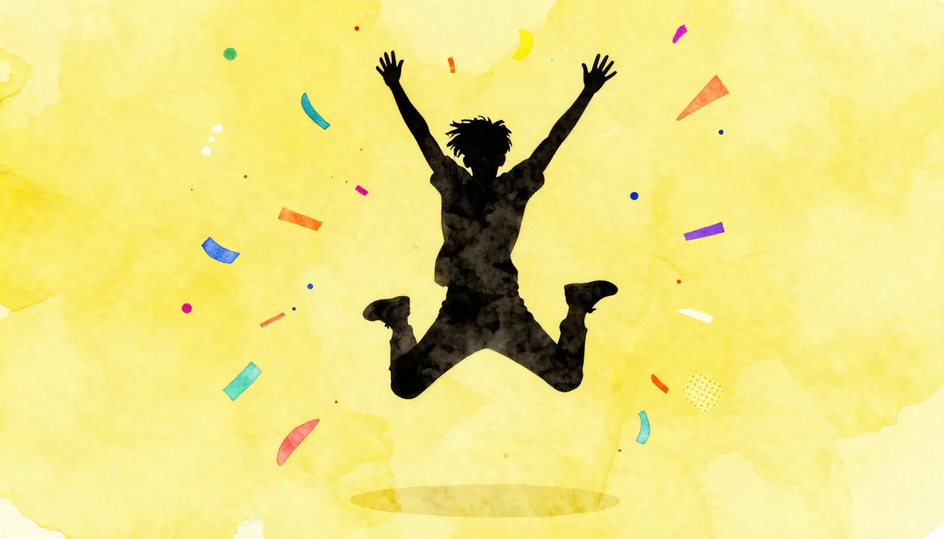 Watercolor style. A silhouette of a person jumping joyfully ...