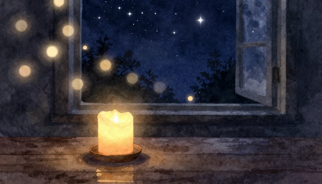 Watercolor style. A single glowing candle on a dark wooden t...