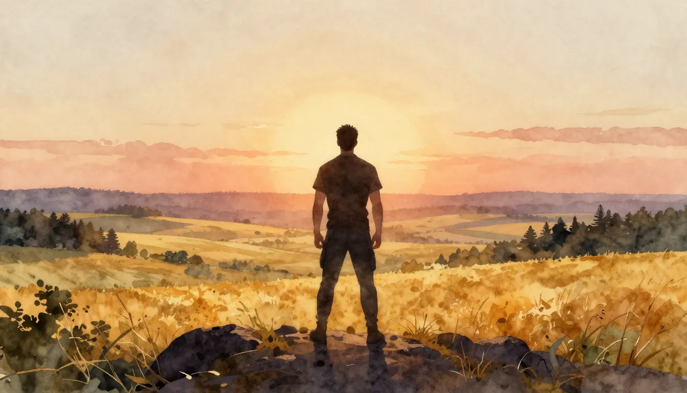 Watercolor style. A silhouette of a strong man standing on a...