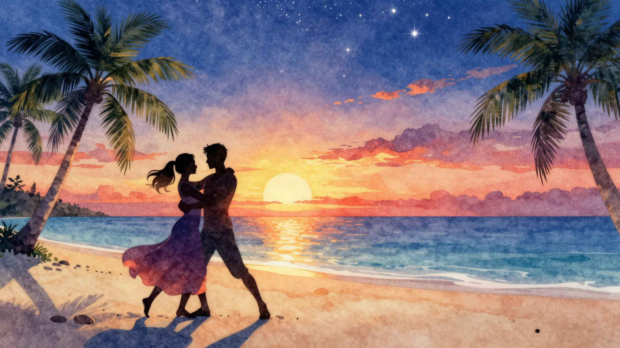 Watercolor style. Silhouette of a couple dancing on a tropic...