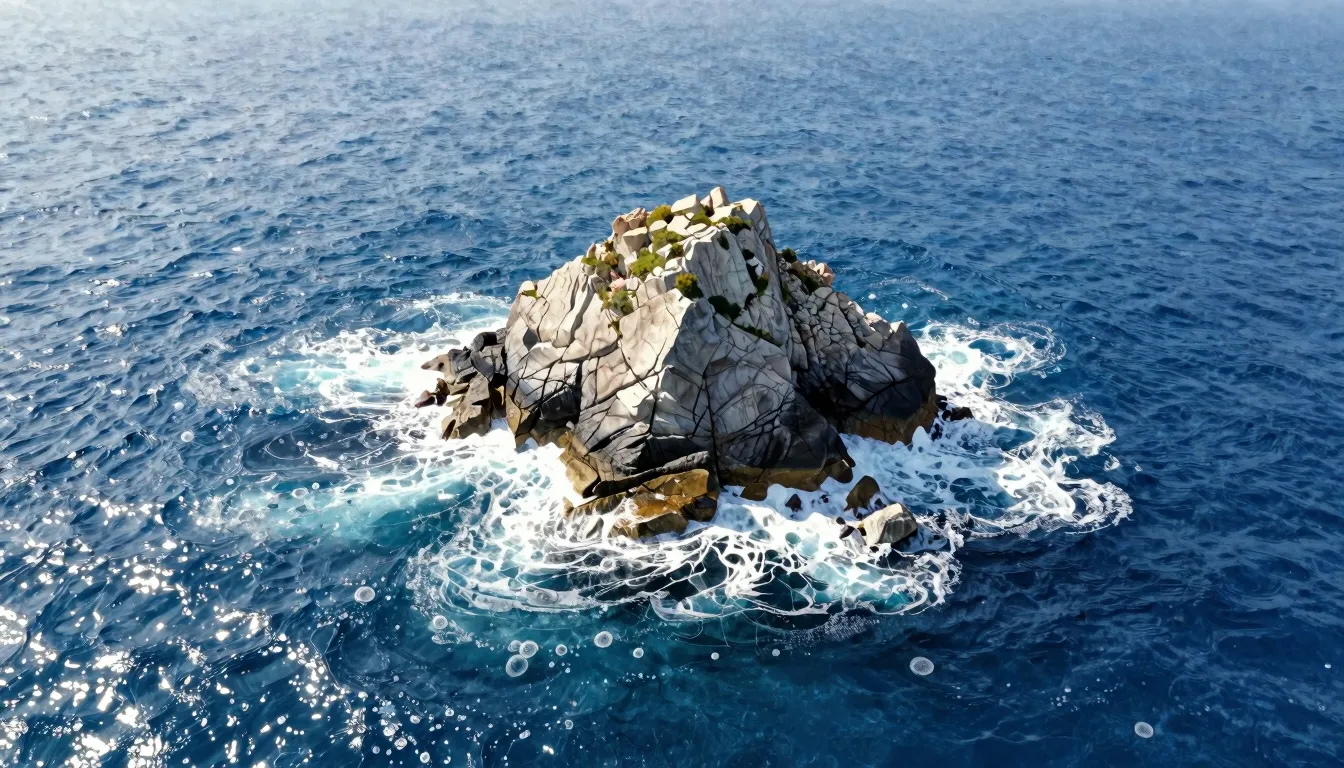 Watercolor style. A cinematic view of a small rocky island e...
