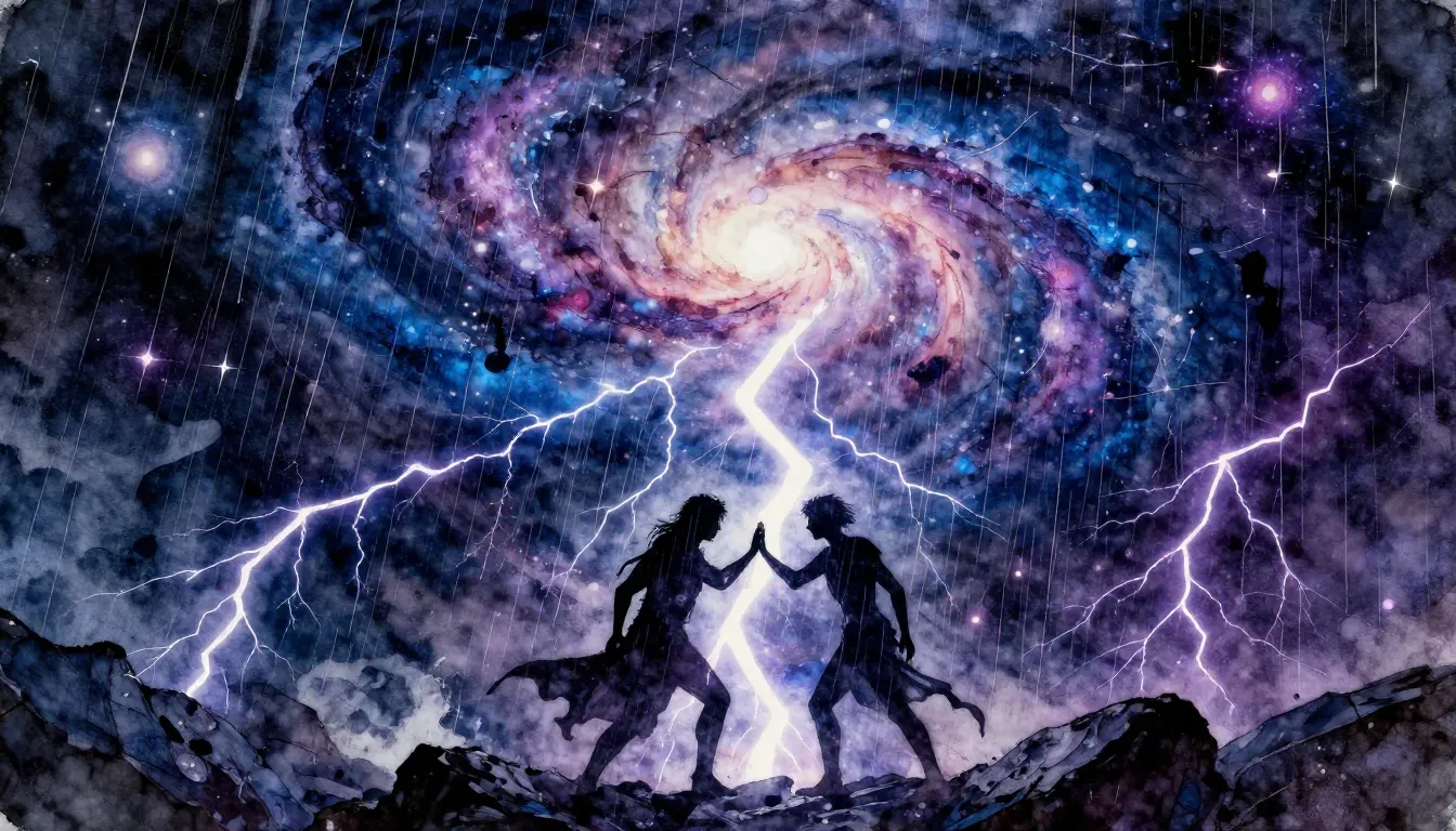 Vibrant watercolor style. Rock album cover, cosmic storm, sw...