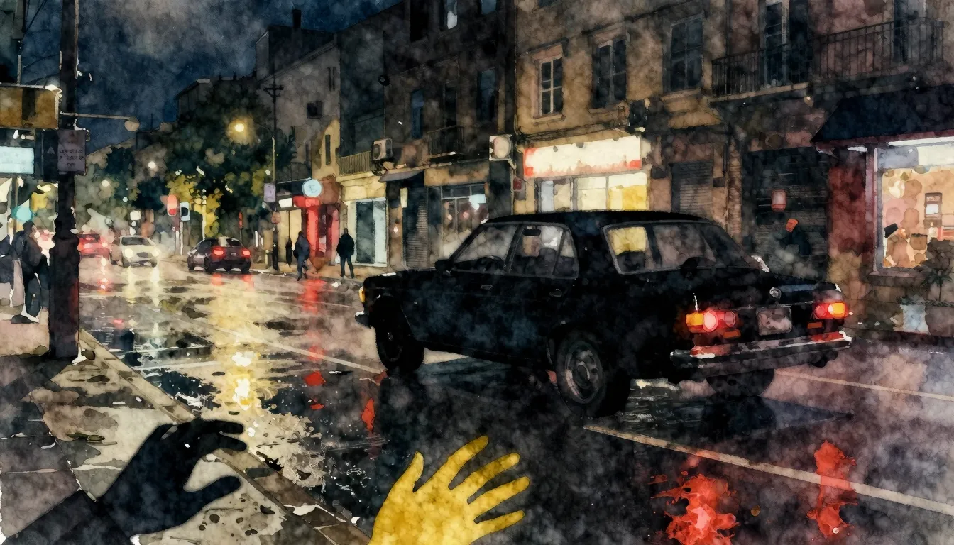 Watercolor style. A dark urban street at night, a silhouette...