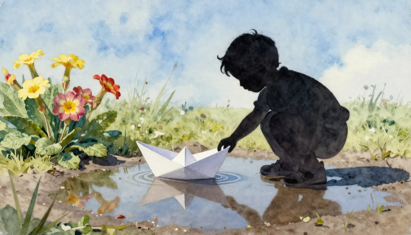 Watercolor style. Silhouette of a child playing with a paper...