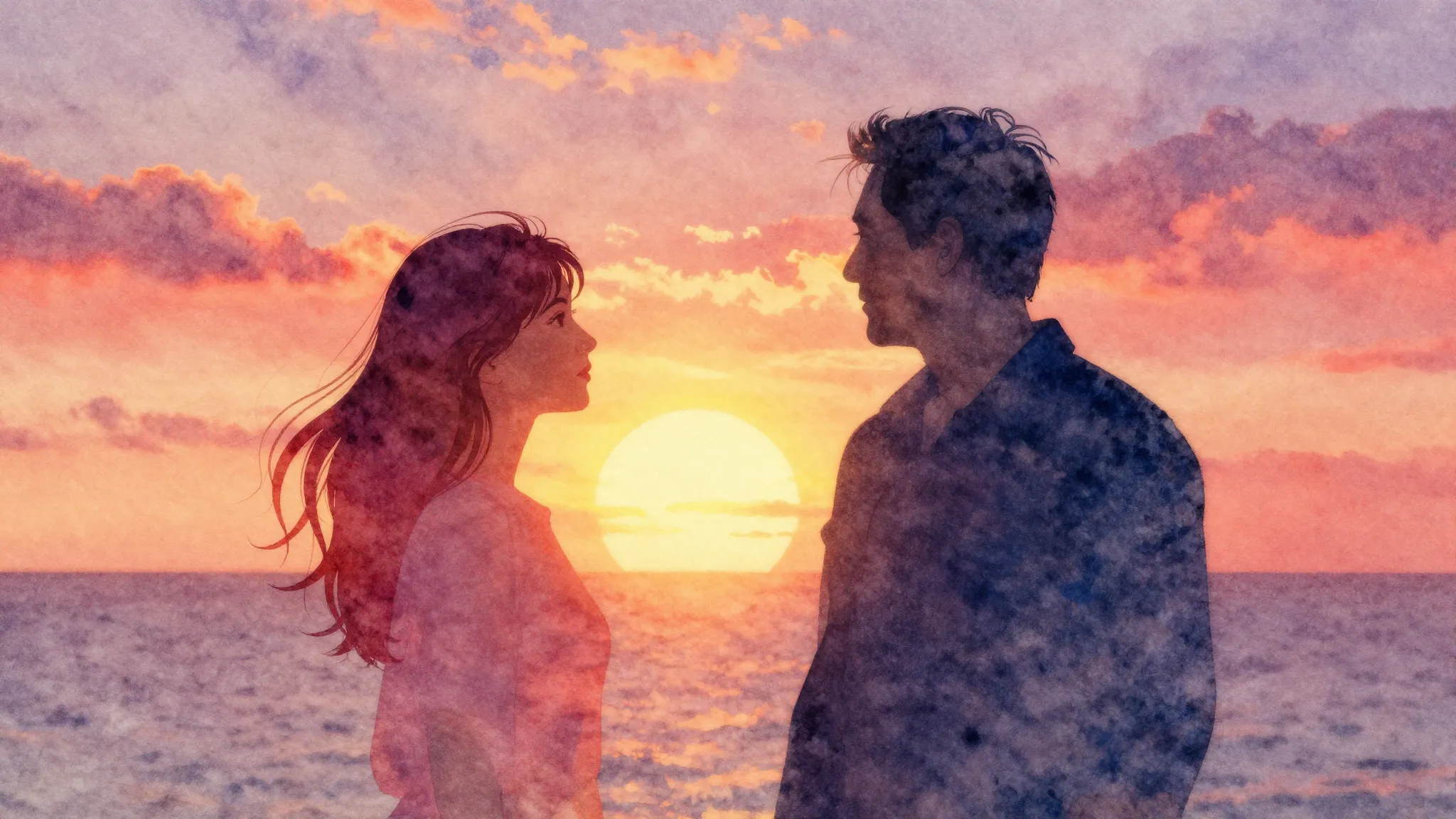 Vibrant watercolor style. Rock album cover: contrasting silh...