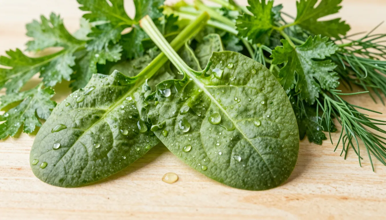 Watercolor style. A vibrant close-up of fresh green spinach ...