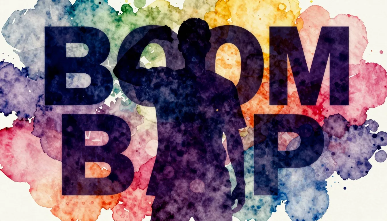 Vibrant watercolor style. Boom Bap Rap album cover: abstract...
