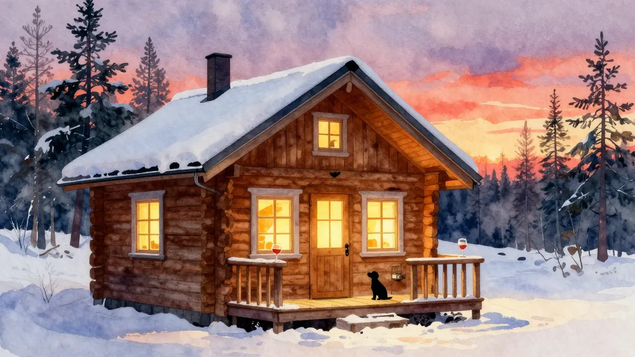 Vibrant watercolor style. A cozy wooden cabin in a snowy Swe...