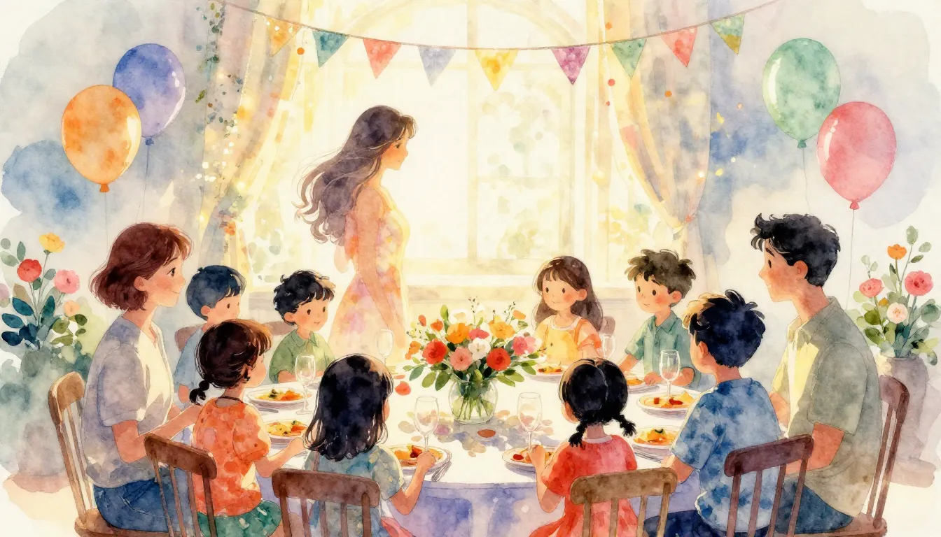 Vibrant watercolor style. Birthday celebration, warm family ...