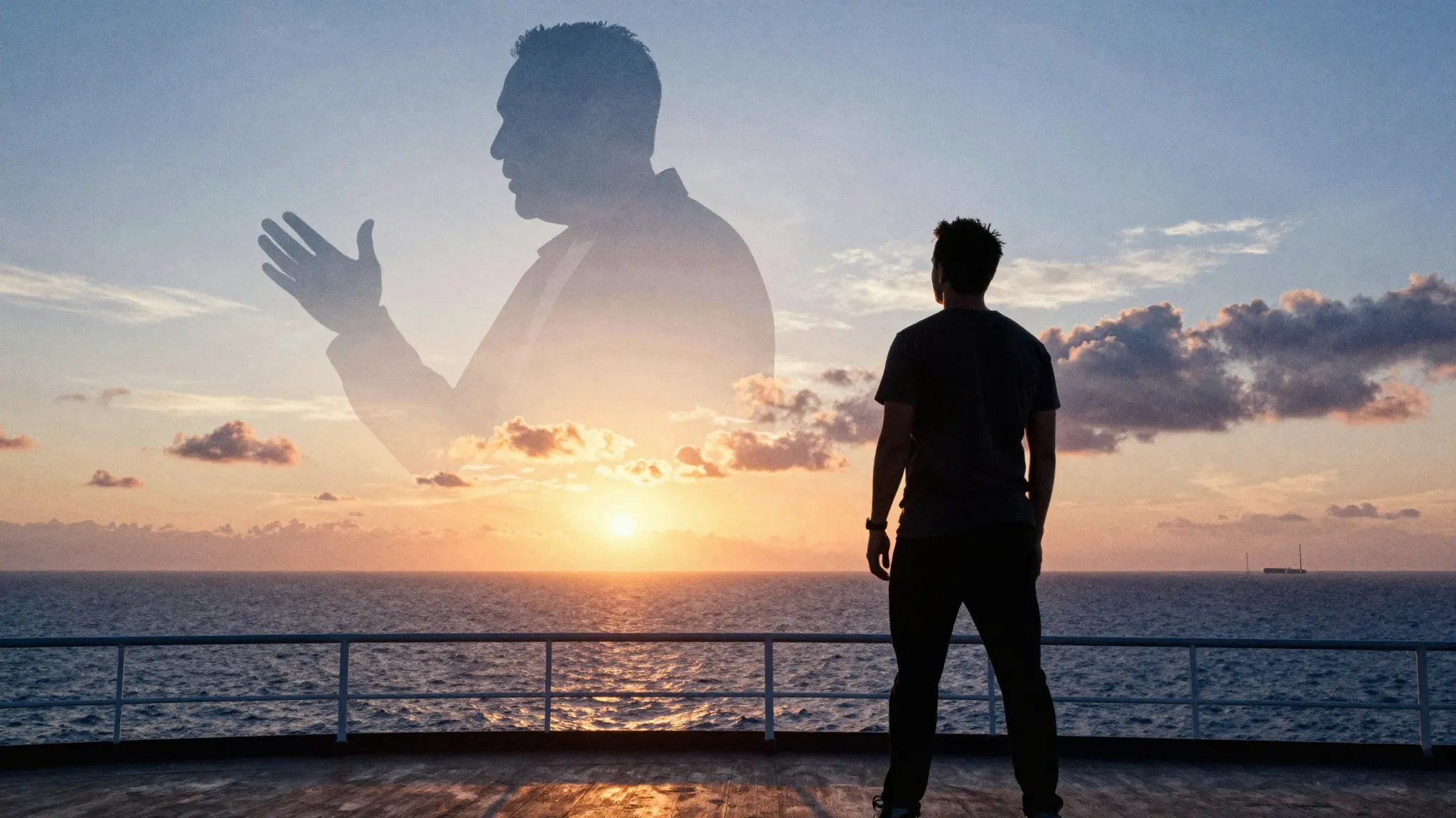 Watercolor style. Silhouette of a man standing on a ship dec...