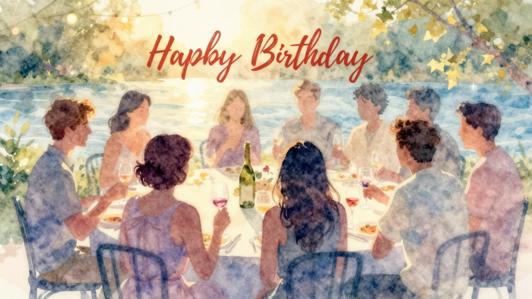 Vibrant watercolor style. Birthday ballad album cover. Warm,...