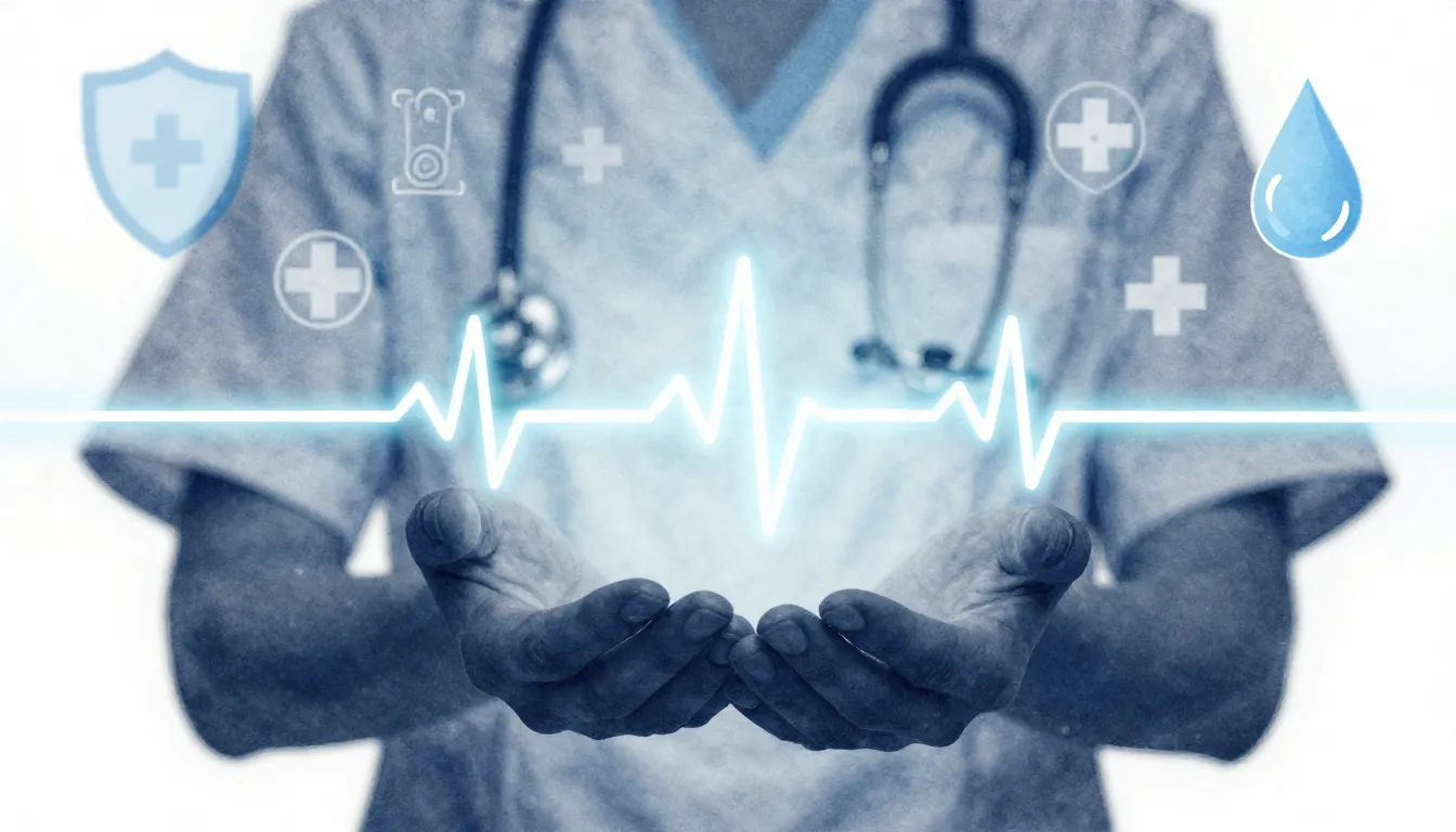 Watercolor style. A silhouette of a healthcare worker's hand...